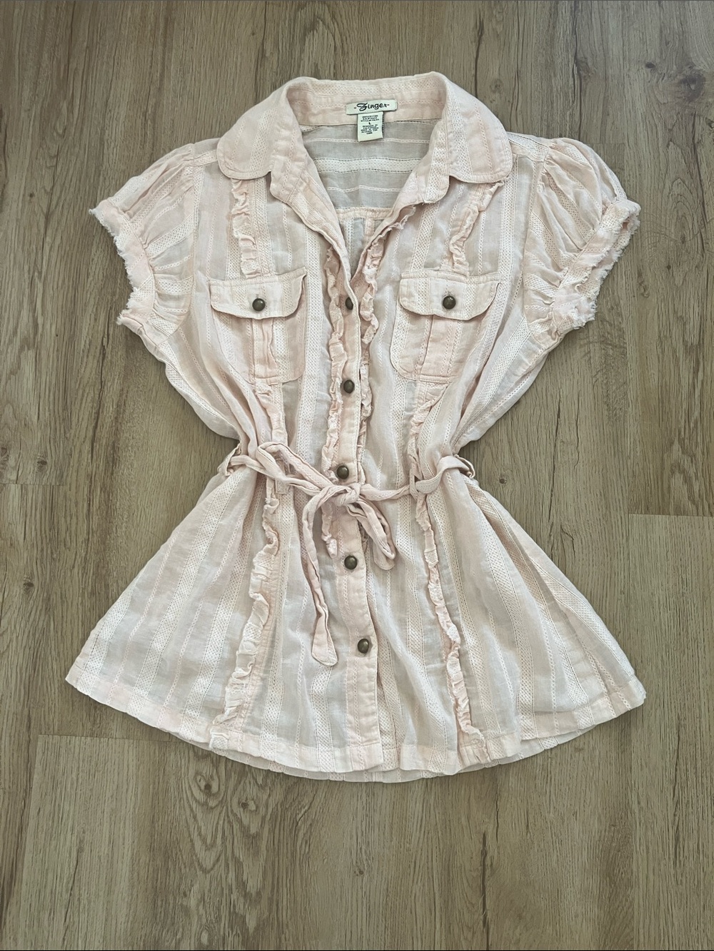 Cottagecore Blush light Pink Ruffle Button-Front Tie-Waist Blouse
